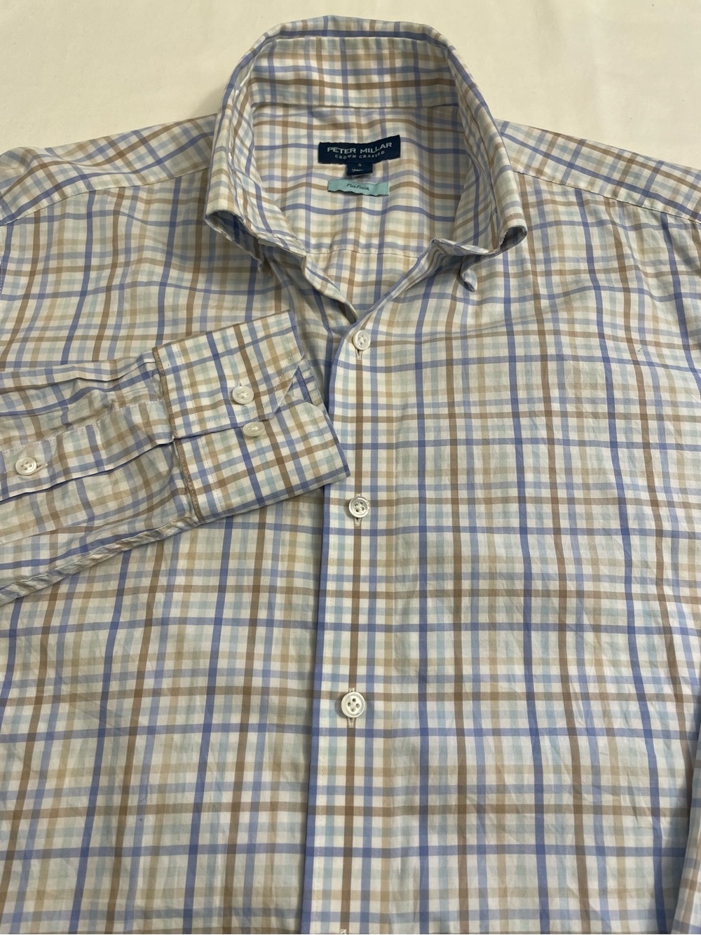 Peter Millar Crown Crafted Brighton Blue/Tan Plaid Sport Shirt Men’s Small